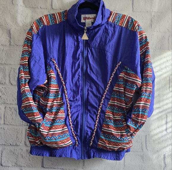 Vintage 90s Wilson Retro Blue Funky Print Windbreaker Full Zip Jacket Large - Picture 2 of 15
